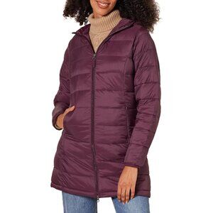Women's Burgundy Lightweight Water-resistant Hooded Puffer Coat